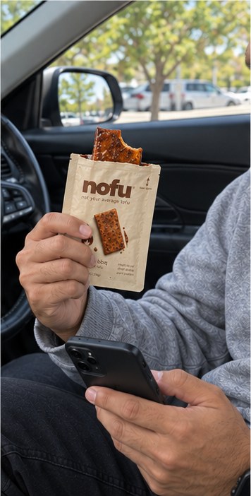 Eating straight from the pack, one hand, in a car