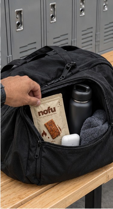 A nofu pack in a gym bag beside a water bottle and towel