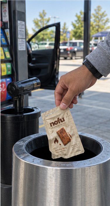 Dropping the empty pack into a bin at a gas station